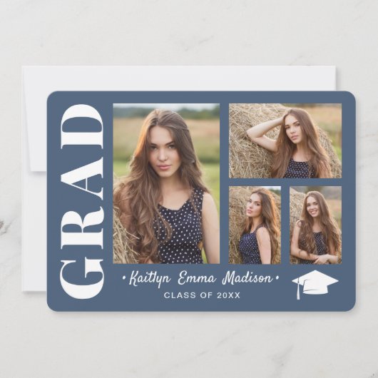 Faire-part 4 Photo Collage Script moderne Dusty Blue Grad (Devant)