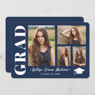 Faire-part 4 Photo Collage Script moderne Marine Bleu Grad