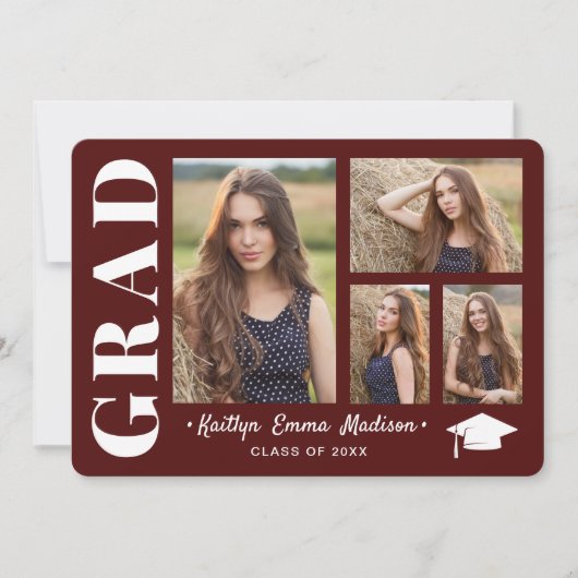 Faire-part 4 Photo Collage Script moderne Rouge Grad (Devant)