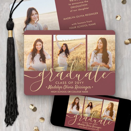 Faire-part 4 Photo Graduation Collage Script Bourgogne & Or