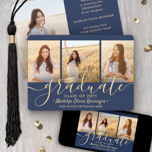 Faire-part 4 Photo Graduation Collage Script Marine Bleu & Or