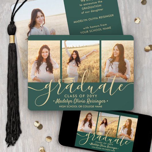 Faire-part 4 Photo Graduation Collage Script Vert et Or