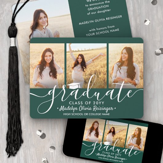 Faire-part 4 Photo Graduation Collage Script Vert foncé Blanc