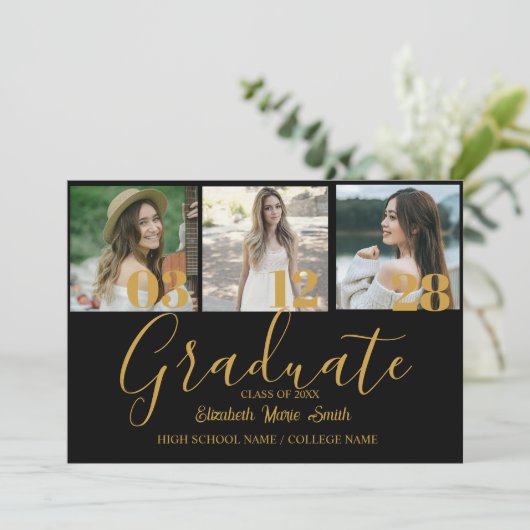 Faire-part 4 Photo Graduation Collage Simple Gold Script (Debout devant)