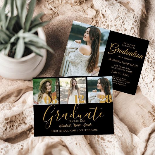 Faire-part 4 Photo Graduation Collage Simple Gold Script