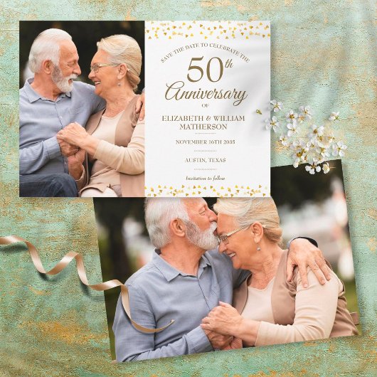 Faire-part 50e anniversaire Gold Hearts 2 Photo Enregistrer l