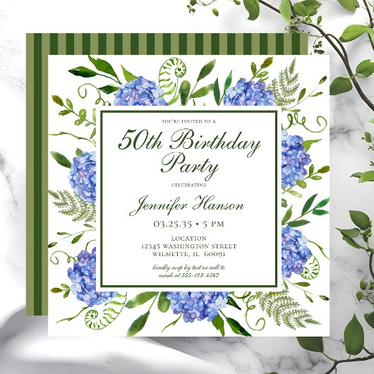 Faire-part 50e Anniversaire Hydrangeas Bleus Écrit