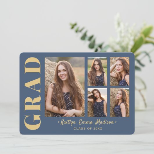 Faire-part 5 Photo Grad Collage Script moderne Bleu et or (Debout devant)