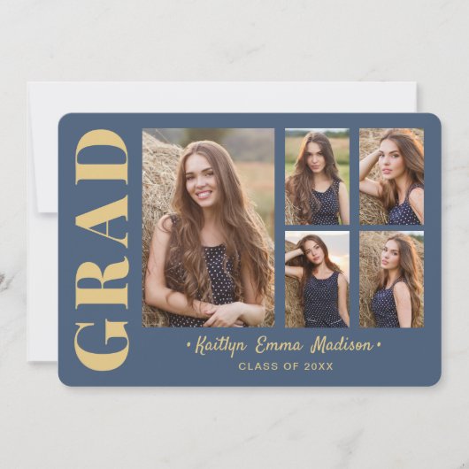 Faire-part 5 Photo Grad Collage Script moderne Bleu et or (Devant)
