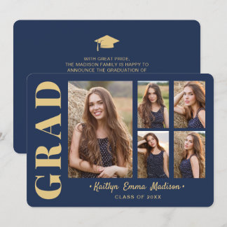 Faire-part 5 Photo Grad Collage Script moderne Marine Blue Go