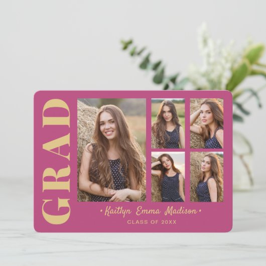Faire-part 5 Photo Grad Collage Script moderne rose et or (Debout devant)