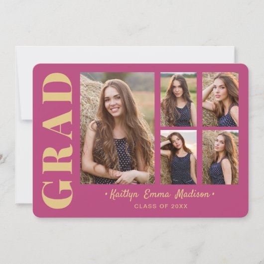 Faire-part 5 Photo Grad Collage Script moderne rose et or (Devant)