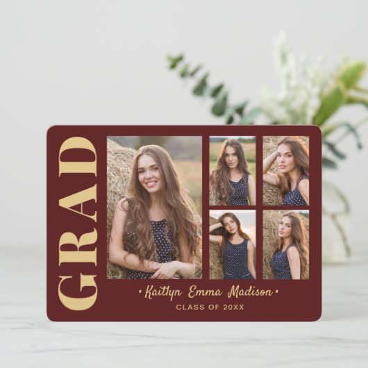 Faire-part 5 Photo Grad Collage Script moderne Rouge et or (Debout devant)