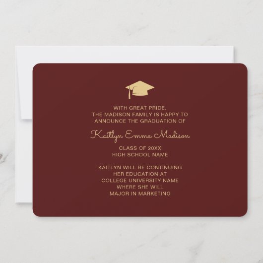 Faire-part 5 Photo Grad Collage Script moderne Rouge et or (Dos)