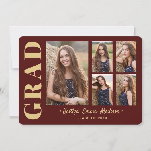 Faire-part 5 Photo Grad Collage Script moderne Rouge et or (Devant)