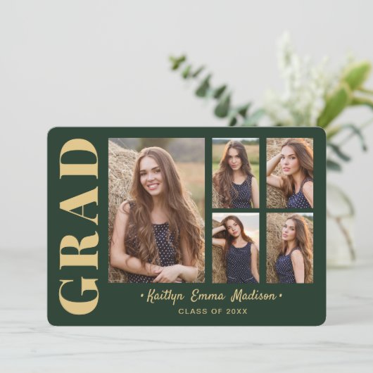 Faire-part 5 Photo Grad Collage Script moderne Vert et Or (Debout devant)