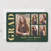 Faire-part 5 Photo Grad Collage Script moderne Vert et Or (Devant)