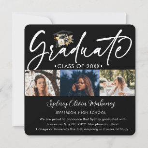 Faire-part 5 Photo Graduation Collage Moderne Noir Blanc Or