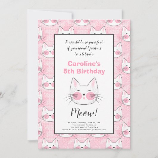 Faire-part 5e fête d'anniversaire pour Fille Chats Kitty Rose (Devant)