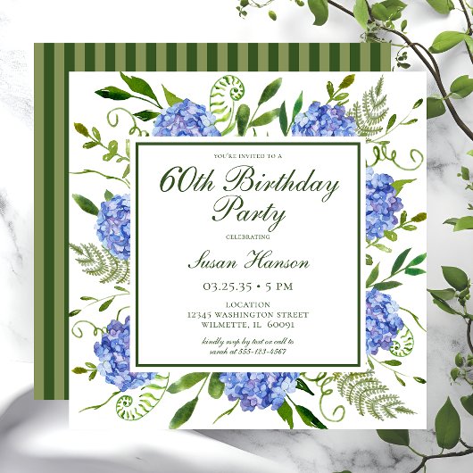 Faire-part 60 ans Hydrangeas Bleus Calligraphie