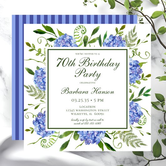 Faire-part 70 ans Hydrangeas Bleus Calligraphie