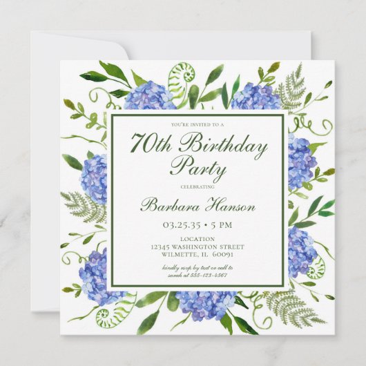 Faire-part 70 ans Hydrangeas Bleus Calligraphie (Devant)