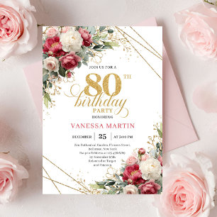 Faire-part 80 ans floral blanc Bourgogne vert 
