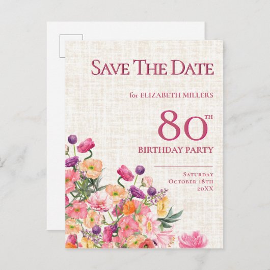 Faire-part 80e anniversaire Floral Save The Date, (Devant / Derrière)