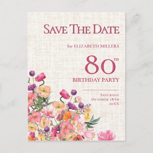 Faire-part 80e anniversaire Floral Save The Date, (Devant)