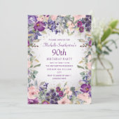 Faire-part 90 ans à Fleurs Rose avec Teinte Violet (Debout devant)