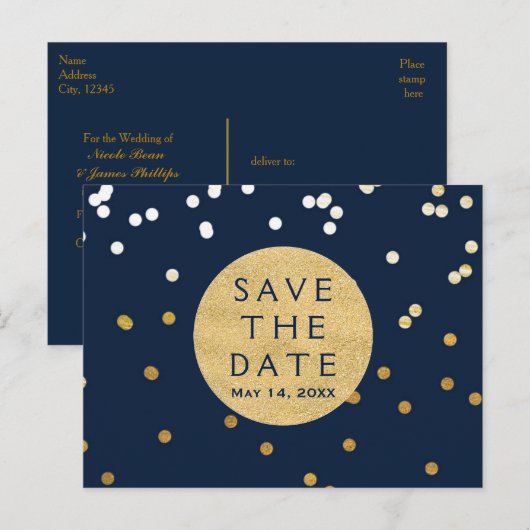 Faire-part à points de confettis brillants bleus e (Devant / Derrière)