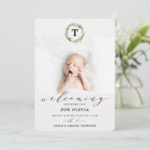 Faire-part Accueil bébé Eucalyptus Verdure Monogramme Naissan (Debout devant)