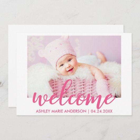 Faire-part Accueil moderne Nouveau bébé rose chaud (Devant / Derrière)