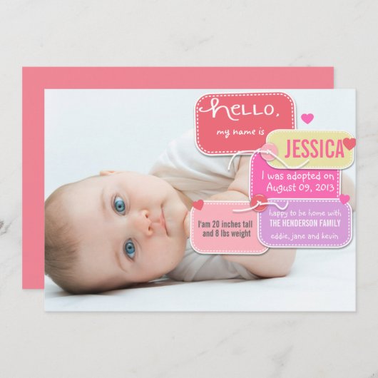 Faire-part Adoption personnalisée nouveau bébé fille faire-pa (Devant / Derrière)