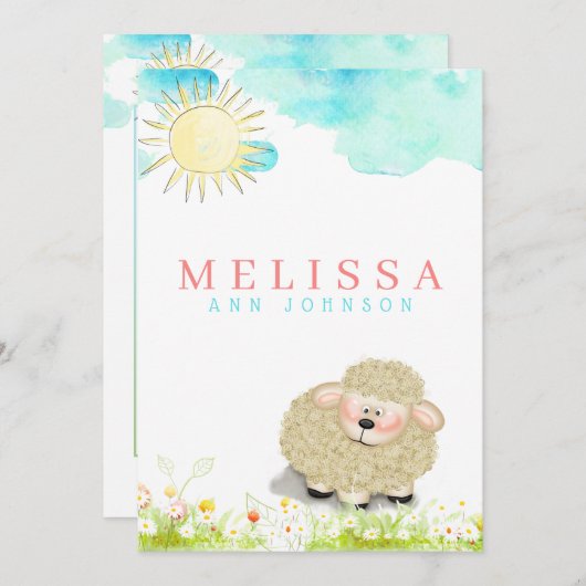 Faire-part Agneau pastel soleil bébé garçon ou fille mignonne (Devant / Derrière)