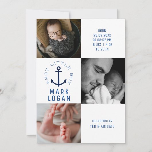 Faire-part Ahoy Little Boy Photo Collage Ancre Blue Birth (Devant)