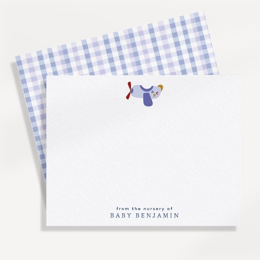 Faire-part Airplane Nursery Note Card with Blue Gingham Back