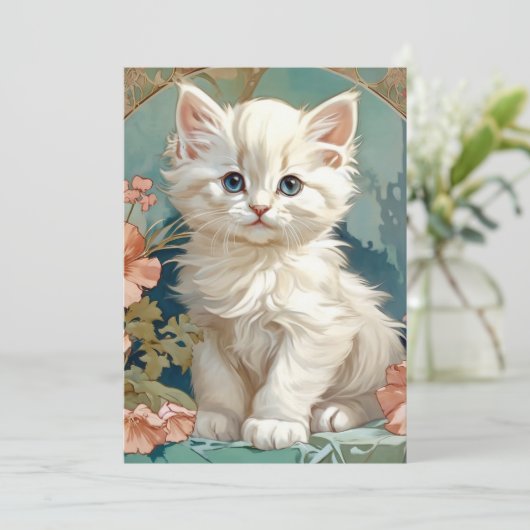 Faire-part Alphonse Mucha Style Chat blanc (Debout devant)