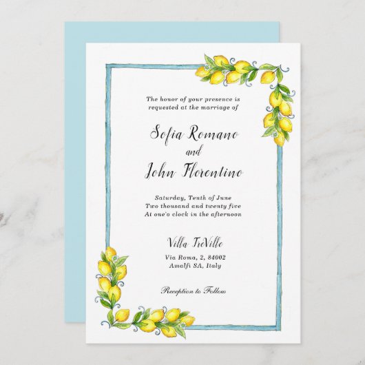 Faire-part Amalfi aquarelle Citrons mariage vintage (Devant / Derrière)