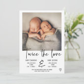 Faire-part Amour noir écriture cœur photo bébé jumeaux naissa (Debout devant)
