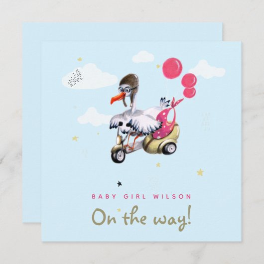 Faire-part Amusante Oiseau rose Fille Balloon Simple Mignonne (Devant / Derrière)