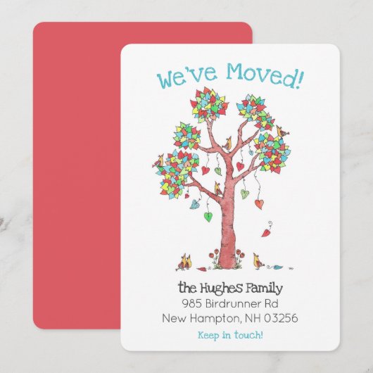 Faire-part Amusants oiseaux de famille dans un arbre des coeu (Devant / Derrière)