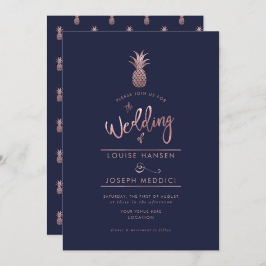 Faire-part Ananas rose Or+do-it-yourself Bleu Mariage Invitat (Devant / Derrière)