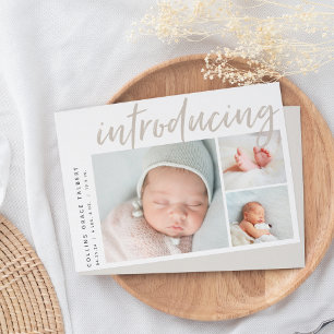 Faire-part Angle moderne Trois photos Collage de naissance