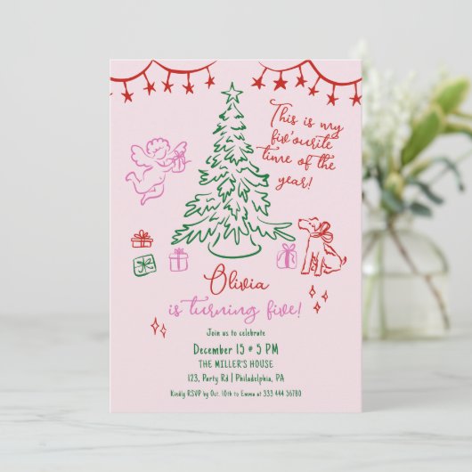 Faire-part Anniversaire 5 ans Noël arbre fantaisiste (Debout devant)