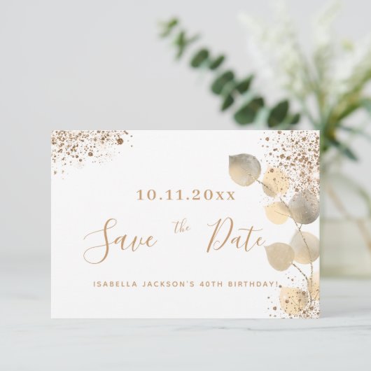 Faire-part Anniversaire or eucalyptus parties scintillant enr (Debout devant)