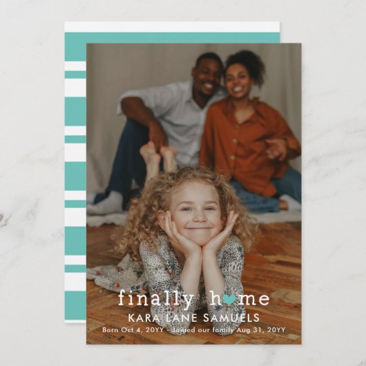 Faire-part Annonce d'adoption de Cœur Turquoise Enfin à la Ma (Devant / Derrière)