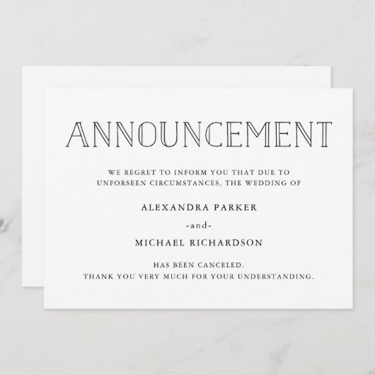 Faire-part Annonce d'annulation de mariage moderne (Devant / Derrière)