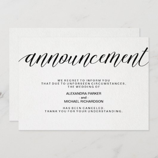 Faire-part Annonce d'annulation de mariage simple (Devant / Derrière)