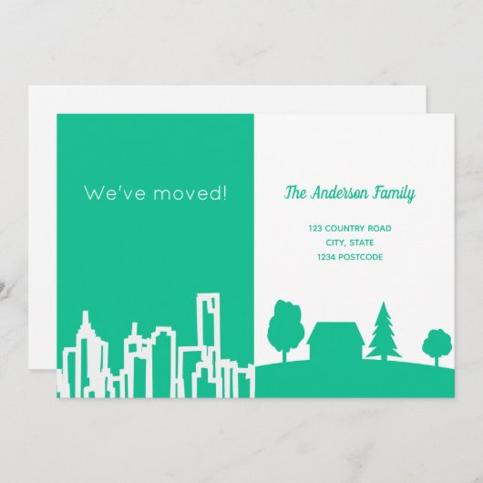 Faire-part Annonce de déménagement en ville campagne vert bla (Devant / Derrière)
